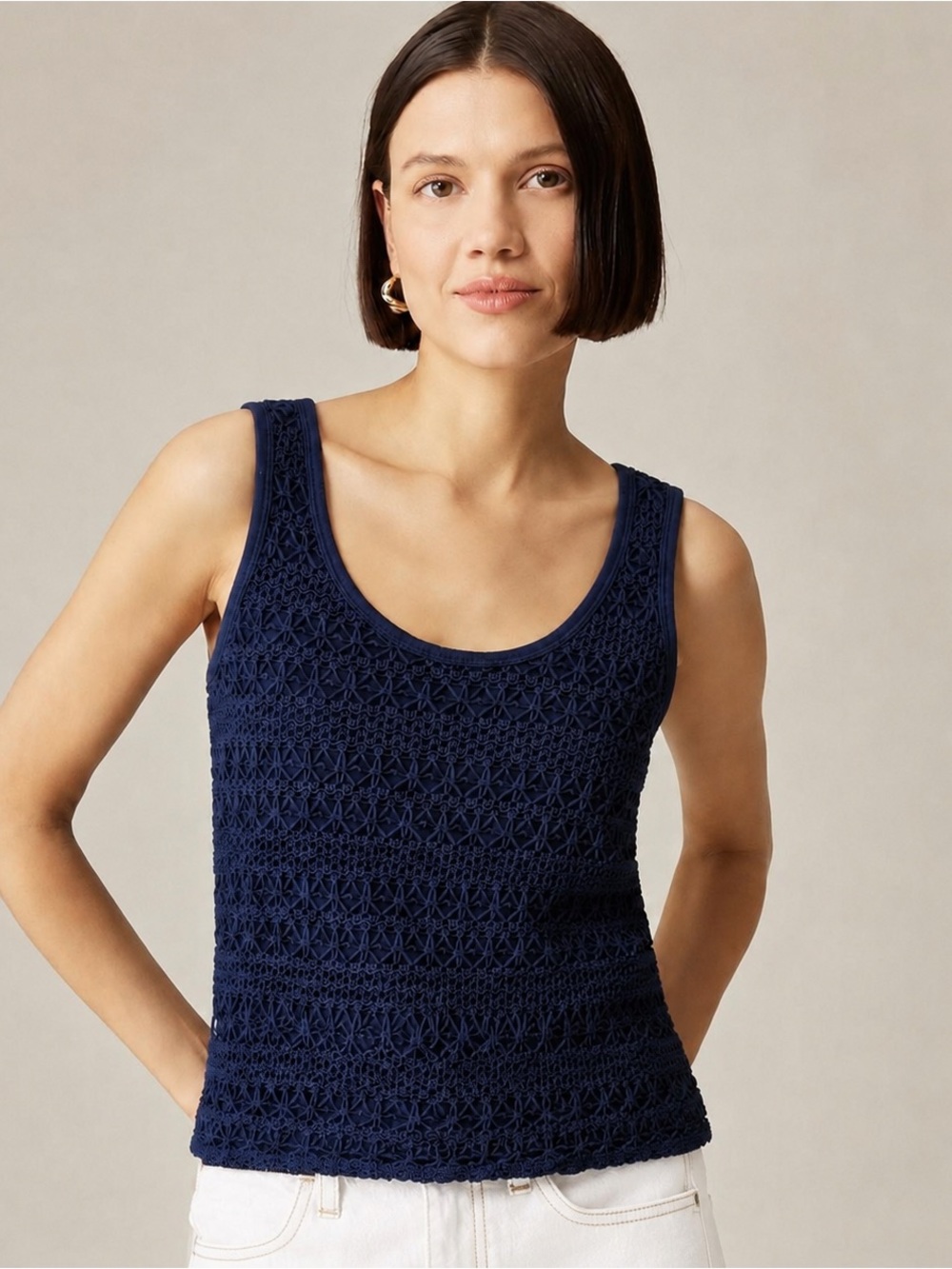 J.Crew Navy Blue Crochet Front Cotton Tank Top Size XS L8299